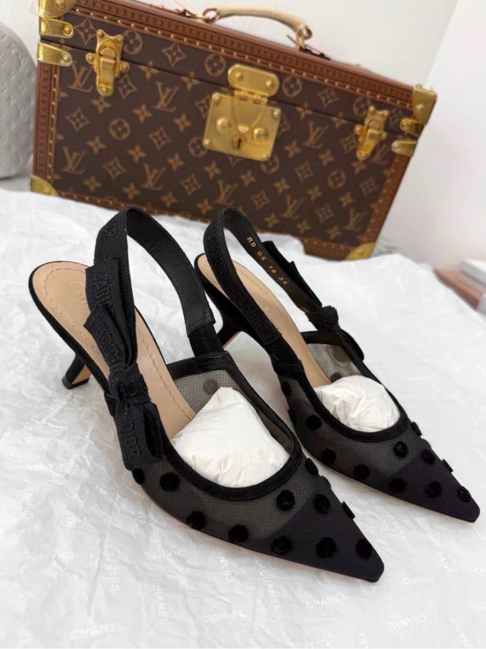 Dior Black Polka-Dot Mesh Slingback Kitten Heels